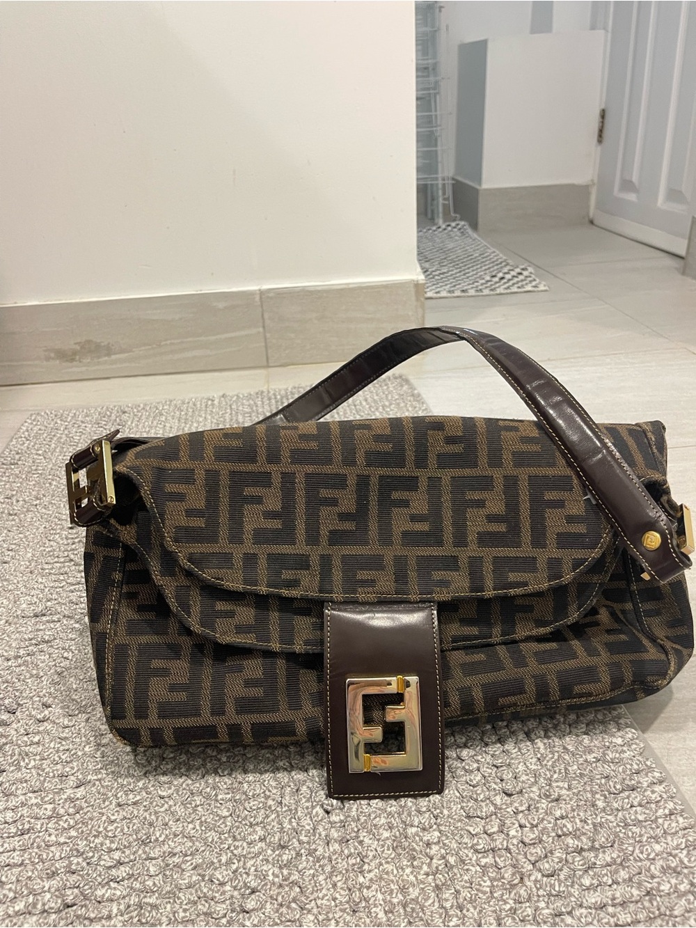 Vintage Fendi Mama Baguette Zucca FF Monogram Canvas Shoulder Bag Brown - Picture 1 of 16